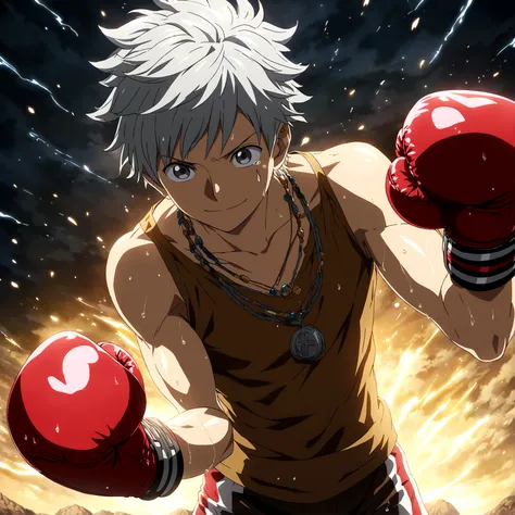 Young man, youthful appearance, muscular and compact body, short gray hair, brown blouse, boxing shorts, stitched leather boxing gloves, innocent smile, necklace with teardrop symbol, boxing fighter pose, "One Piece-inspired anime features, drenched in dra...