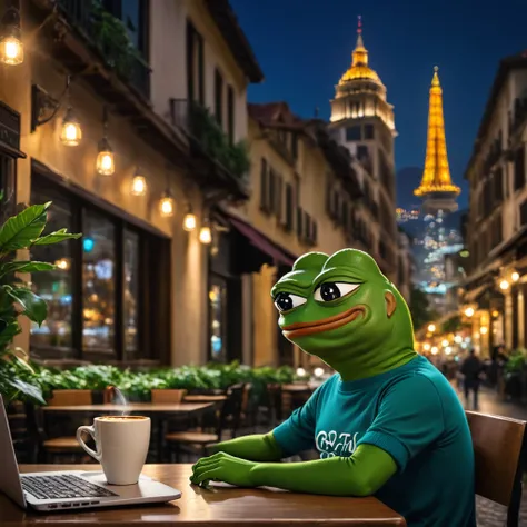 pepe the frog,sitting at a cafe table,drinking coffee,looking at stocks and market prices on a laptop,cityscape background,realistic,photorealistic,award winning,highly detailed,intricate,8k,cinematic lighting,vibrant colors,masterpiece