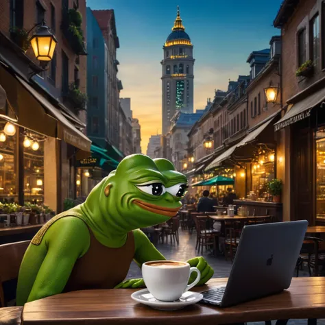 pepe the frog,sitting at a cafe table,drinking coffee,looking at stocks and market prices on a laptop,cityscape background,realistic,photorealistic,award winning,highly detailed,intricate,8k,cinematic lighting,vibrant colors,masterpiece