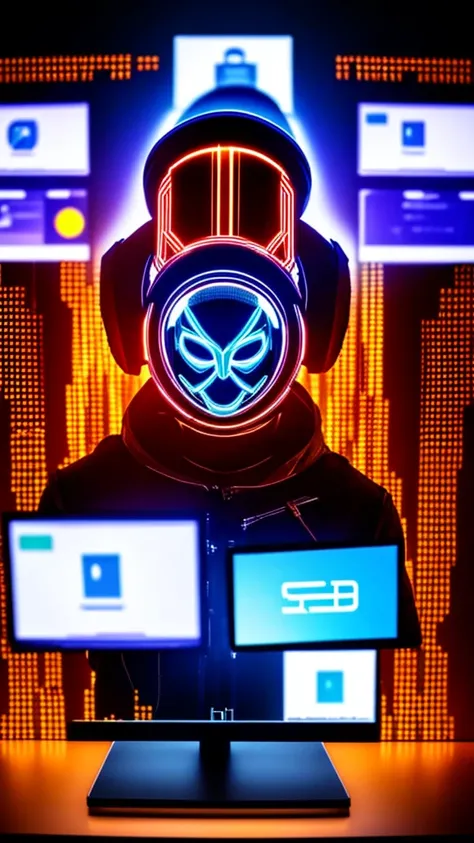 A cyber person wears a mask with a large screen in the background and displays important data that has been hacked