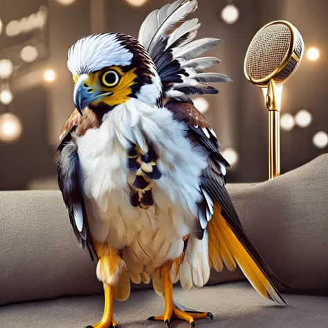 A sexy hawk bird, with a microphone and sexy outfit
