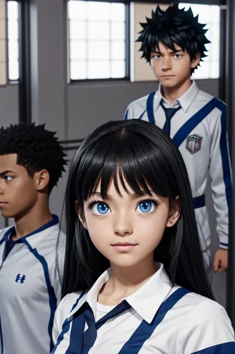 Screenshot of my hero academia Black hair girl with white tips, has blue eyes, He has a serious expression,He is wearing the UA uniform and in the background he has a UA school class