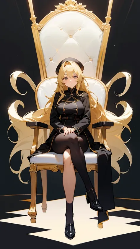 Anime girl, matured face, blond long hair, big breast, black coat, room background, full body, sitting in a chair