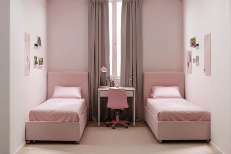 there are two girls pink beds in a small room with a desk and dark pink chair, front view and the curtain in the center, with no wardrobe, (new classic design)