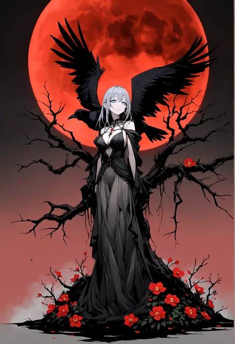 長い髪のbeautifulアニメ風の美女, Purple-blue hair,(((Highest quality)))Transparent Hair,Face of Sadness,(((blue eyes)))A beautiful woman filled with sorrow,(((A beautiful woman with a well-balanced and glamorous body)))Big Breasts,(((Provocative black and grey dress)...