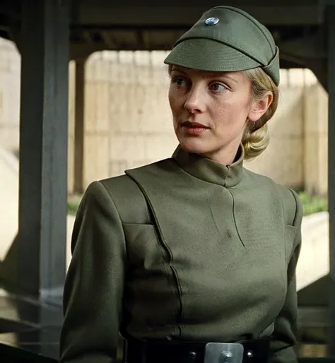 Pretty serious stern young Jane Goodall in olive green imperial officer uniform and brimmed hat, blonde short ponytail, bright blue eyes