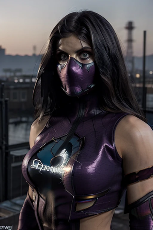 ((masked)) alexandra daddario in detailed spider-man ghost costume, large breasts, superhero pose, standing in ruined city at su...