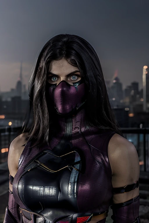 ((masked)) alexandra daddario in detailed spider-man ghost costume, large breasts, superhero pose, standing in ruined city at su...