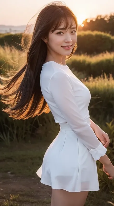 detailed,Clear lines,Highest quality, masterpiece,Bright and dark light,Big Sunset、Canon Photo Crystal Clear ,（Realistically:1.2）, (Casual Mini Skirt Dress)、Action pose、Cowboy Shot、A sloppy smile、Glamour body type、Medium Long Hair、((Wind))