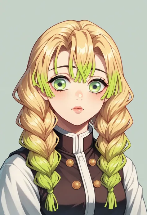 1 girl 16 years old, Asian/anime estilo kimetsu no yaiba, emerald green eyes with yellow highlights, hair like zenitsu choppy and straight dark blue color with tips/salmon colored highlights/peach, with crossed bangs and two sideburns of her hair and two s...