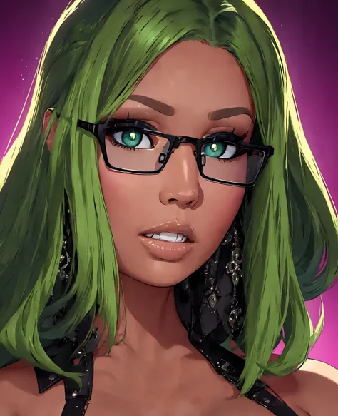 beautiful detailed eyes, beautiful detailed lips, extremely detailed eyes and face, longeyes lashes, Nicki Minaj, 1girl, green hair, glasses, sexy, intricate detailed face, flawless skin, elegant, alluring, sensual, glamorous, high fashion, editorial, cine...