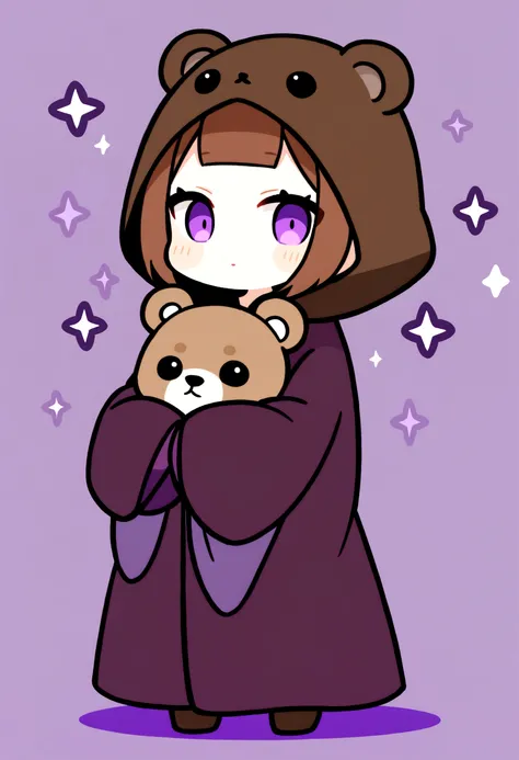 bangs bangs、Bangs、Crisp bangs、long brown hair、Wearing a dark brown bear hood、茶髪ロングのChibi Character、Wearing a dark brown bear ear hooded blanket、Purple Eyes、Purple betta background、Chibi Character、Holding a teddy bear、Bear face hood,美しいPurple Eyes、