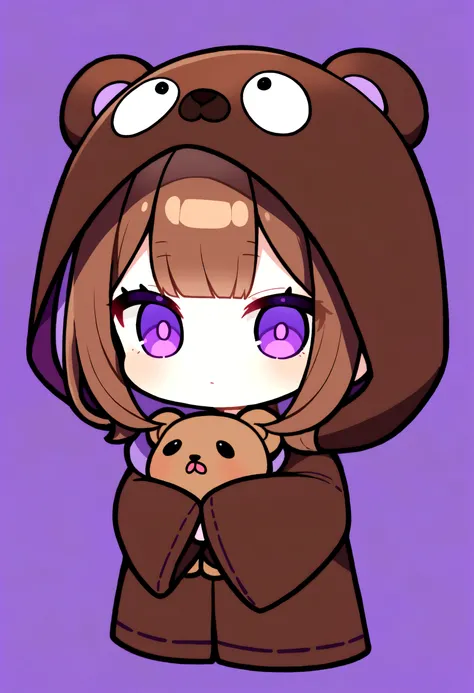 bangs bangs、bangs、crisp bangs、long brown hair、wearing a dark brown bear hood、茶髪ロングのchibi character、wearing a dark brown bear ear...