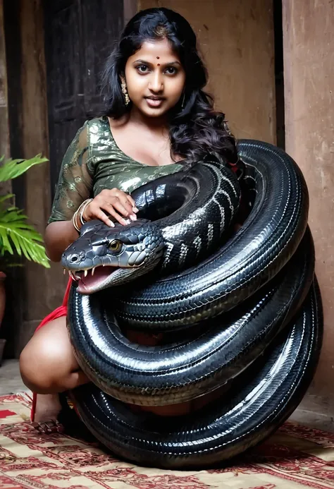 pregnant happy horny, aroused 1girl), beautiful kneeling indian  young teen girl with  giant colossal black titanboa squeezing h...