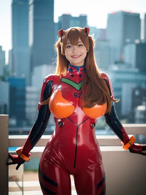 asuka cosplay costume, cosplay, plugsuit, bodysuit, hair ornament,Ultra-high resolution, (Photorealistic:1.4), Japanese, (Beautiful:1.1), (One Woman:1.5), (Age 35:1.3), (Photorealistic photos:1.2), in 8K, Neat bangs, Enlarge the background, (独奏:1.5),、Japan...