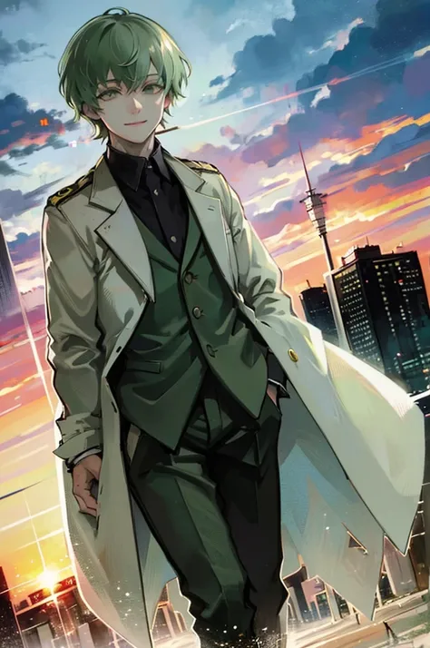 young man, green medium hair, green eyes, smiling, medium hair, wearing a pure white trench coat, wearing black pants, in one city, 4k, detailed, sui ishida art style, detailed eyes, in a sunset city
