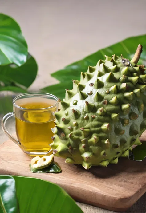 extream quality soursop on a table with a cup of green tea. high details