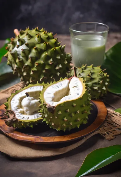 extream quality soursop on a table with a cup of green tea. high details