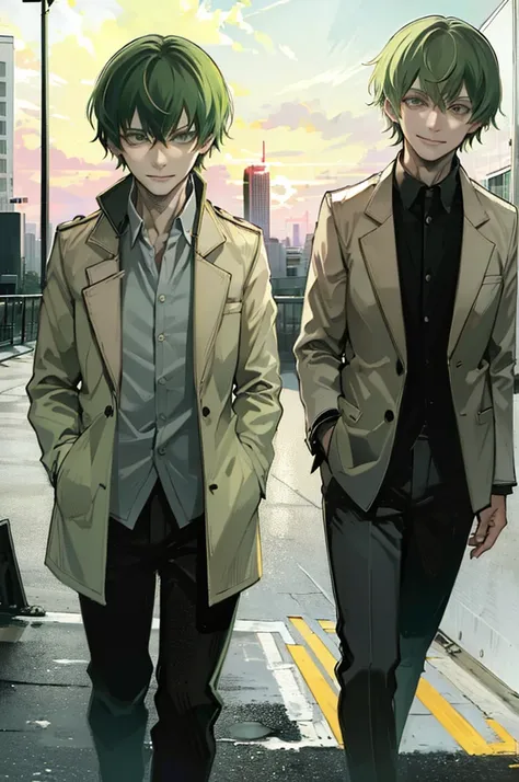 young man, green medium hair, green eyes, smiling, medium hair, wearing a pure white trench coat, wearing black pants, in one city, 4k, detailed, sui ishida art style, detailed eyes, in a sunset city
