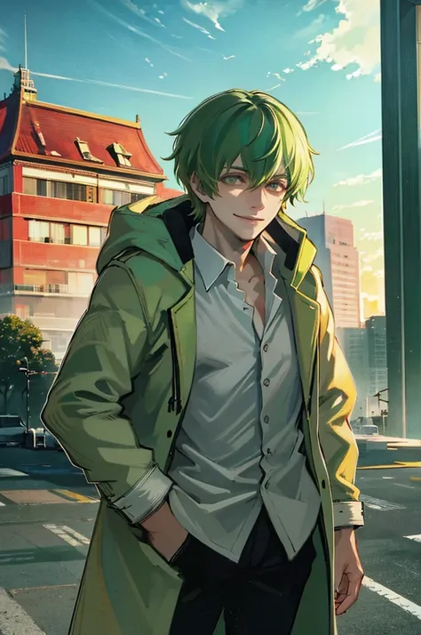 young man, green medium hair, green eyes, smiling, medium hair, wearing a pure white trench coat, wearing black pants, in one city, 4k, detailed, sui ishida art style, detailed eyes, in a sunset city
