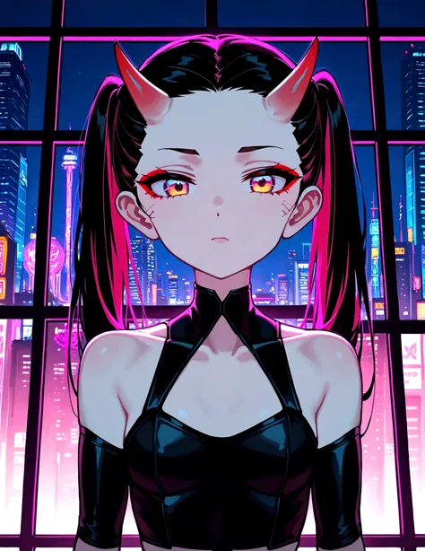 anime oni-girl. she has long pink twintails and parted bangs. ((forehead))++. she is wearing a red and black gothic dress. she h...