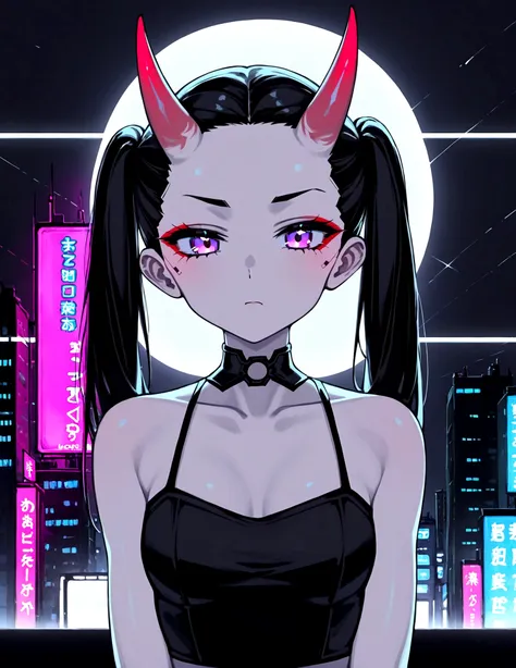 anime oni-girl. she has long pink twintails and parted bangs. ((forehead))++. she is wearing a red and black gothic dress. she h...