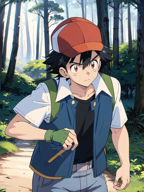 anime artwork, 1boy, ogashk, baseball cap, black hair, short hair, spiked hair, brown eyes, outdoors, forest, woods, trees, blue...