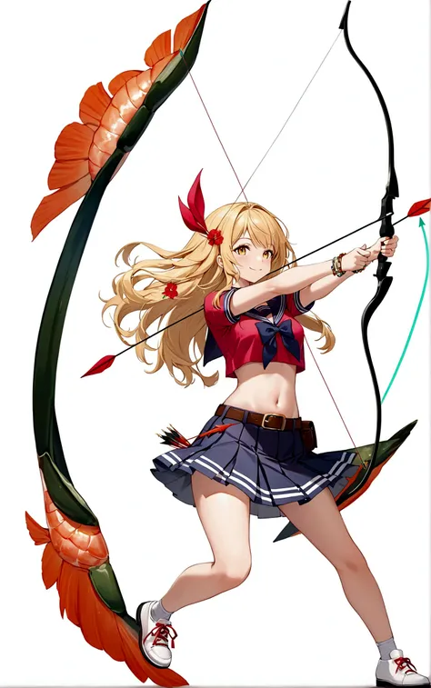 (((He arches his back like a shrimp and shoots an arrow.))),One girl, alone, Long Hair, chest, smile, skirt, Blonde, Simple Background, White Background, bow, belly button, Holding, Yellow Eyes, whole body, arms, Short sleeve, pleated skirt, Red flower hai...