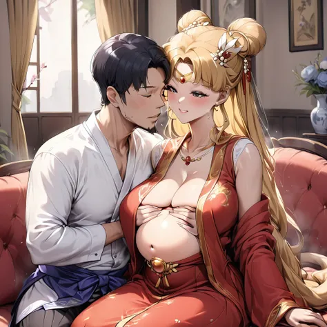 ((Highest quality)), ((masterpiece)), (detailed), （Perfect Face）、The woman is a Chinese woman named Tsukino Usagi, wearing a gorgeous, glittering red Hanfu with lots of gold embroidery, a gorgeous hair ornament, gorgeous jeweled accessories and an engageme...