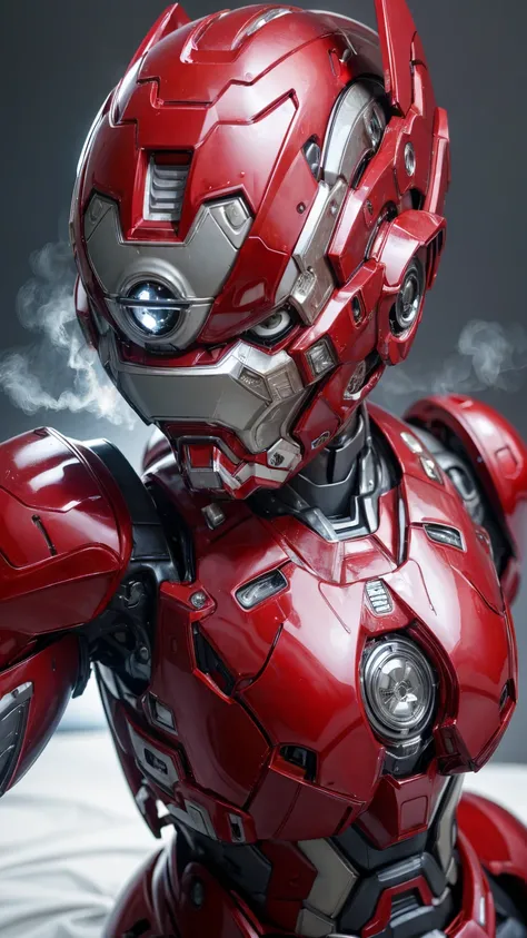 Highest quality　8k Red Iron Man Suit Girl　Japanese middle-aged women　Sweaty face　cute　short hair　boyish　Steam coming out of my head　My hair is wet with sweat　The feel of black hair　Full body portrait　My upper body is soaked　 Airtight headgear　I can see the...