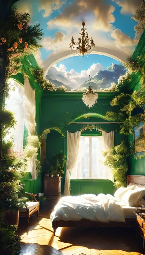 big targetきな窓から雲がかかった楽園の眺めが楽しめる、create a tranquil scene with a cat exist a cozy room。, 4kと8kの解像度exist非常に詳細なデジタルアートexistレンダリング, u...