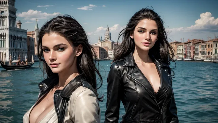 masterpiece, best quality, extremely detailed, hyperrealistic:1.1, photorealistic, a beautiful 20s russian model, ultra detailed face:1.1, black leather jacket, medium hair, in the sunshine, city, city built on water, the scene of the venice, giant fountai...