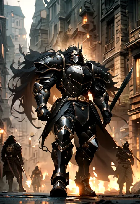 Lion Knight wearing combat uniform, on the street, black armor, Clock designs, Black Lion Man, Black Color armor