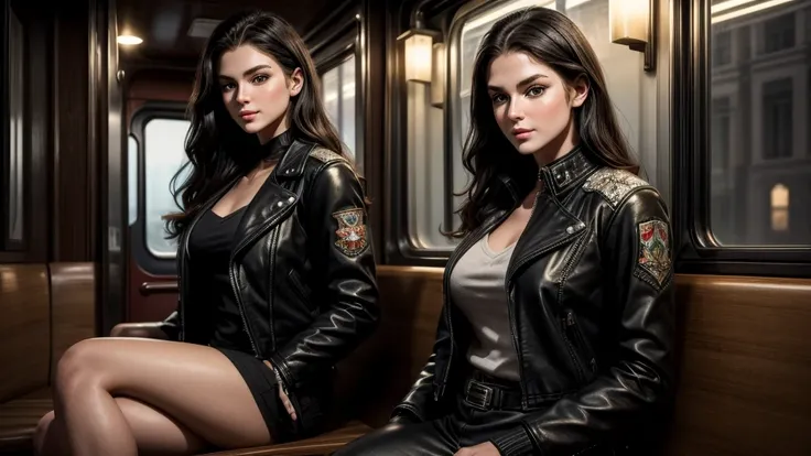 masterpiece, best quality, extremely detailed, hyperrealistic:1.1, photorealistic, a beautiful 20s russian model, ultra detailed face:1.1, black leather jacket, medium hair, in the night, in detailed train, sitting a seat, sea