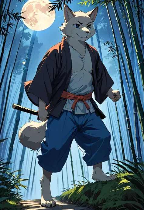 Top quality ultra-fine illustrations, movie posters, Zatoichi, Blind Swordsman, bamboo forest, dark night with beautiful full moon, rays of light through bamboo, backlighting, Tyndall phenomenon, Absurd perfect anatomy, Beastman, furry, pairs, boy with gir...