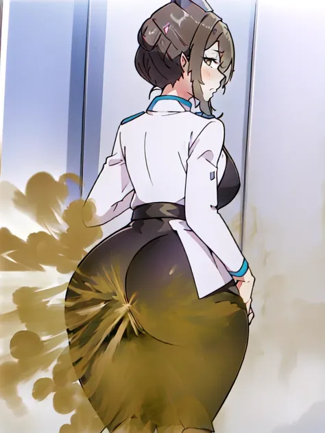 masterpiece:1.2, best quality:1.2, highres, nurse,  nurse outfit, brown hair, showing butt, facing away from camera, one girl, solo, alone, looking at viewer over shoulder