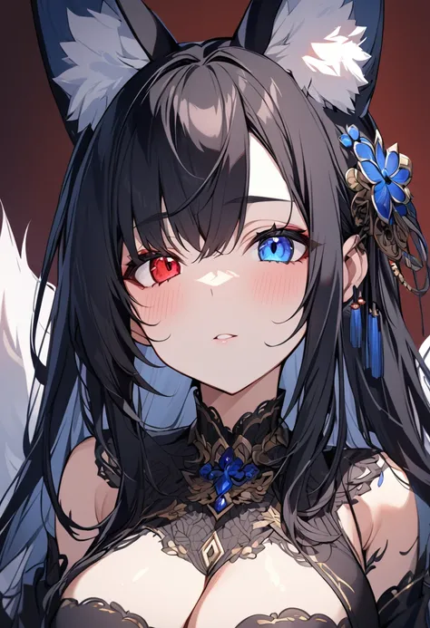 a beautiful blue and black kitsune, detailed intricate portrait, 1girl, long black hair, slim waist, big breasts, long white tail, heterochromia (one blue eye, one red eye), 