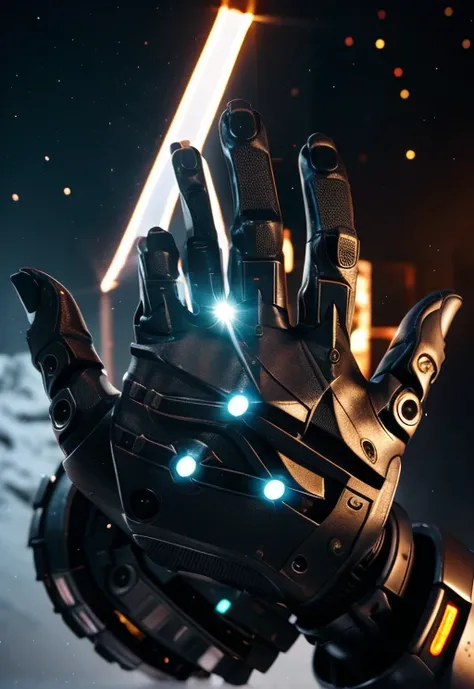 Hand in palm pointing towards the viewer, hand-shot leisure shot, The robot uses laser fire at the viewer, A robot has the palm of its hand showing the viewer, setting frozen planet blizzard