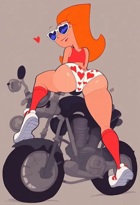 Candace, red tank top, skirtless, riding a motorcycle, white panties with red hearts, heart print panties, legs, white shoes, red socks, sunglasses, rear view, big butt, else half closed, head turned to viewer, looking at viewer, 2D cartoon,