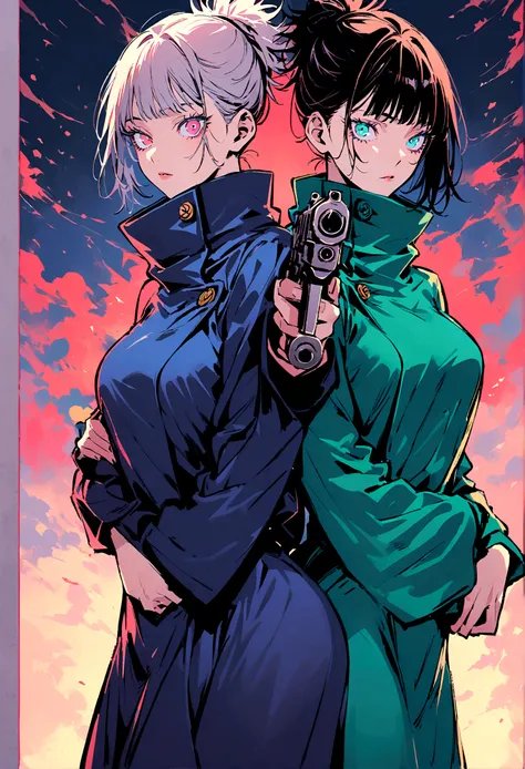 (2 girls,jujutsu kaisen),twins, holding a stuff animals, holding a sword in one hand and a gun in another, two different set of colored eyes, same height, matching dresses, artwork
