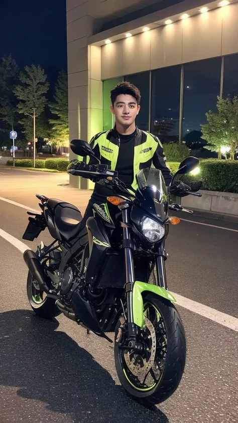 young man, on mt 03 motorcycles, 8K,best quality, ultra high resolution, insta story, shot by iphone camera, black hair, night