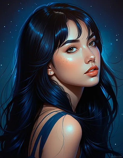 a 22yo woman with long black hair, in the style of charlie bowater, dark blue and dark black,realistic color palette, soft-focus...