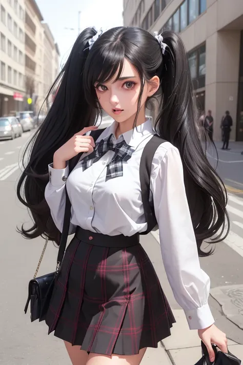 ((best qualityer), (hyperrealisti), mh-yk, Occupation: college student. Appearance: A slender young woman with long black hair styled in twintails. she has fair skin, striking features and intense dark eyes that convey intelligence and focus. Her outfit co...