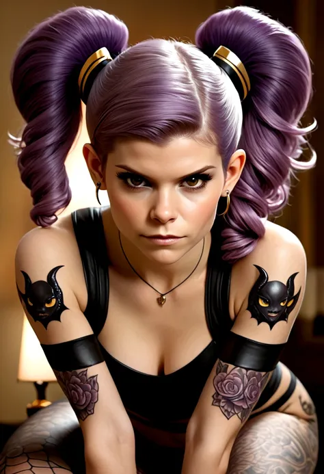 an adorable succubus (kate mara (age 25) violet skin, mega twintails, twin scorpion tails, tattoos, leathery bat wings, flirting...