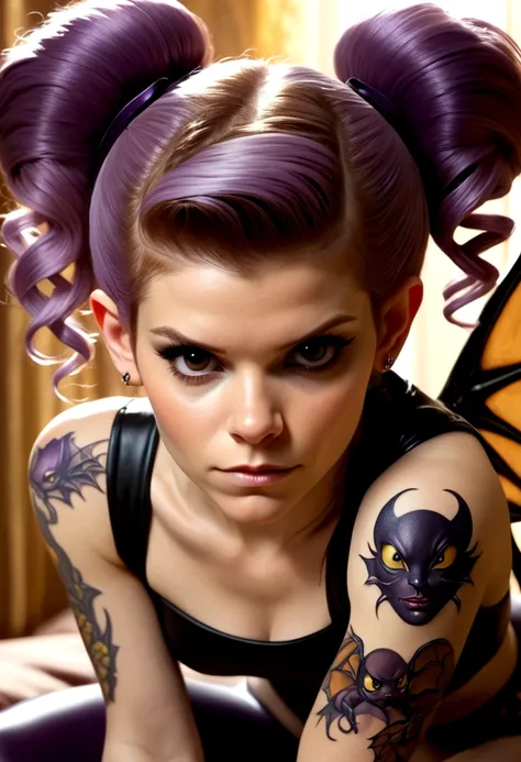 an adorable succubus (kate mara (age 25) violet skin, mega twintails, twin scorpion tails, tattoos, leathery bat wings, flirting...