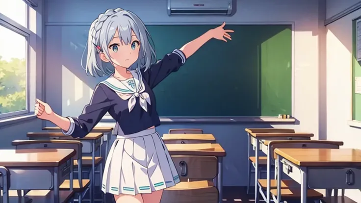 (masterpiece), classroom, 1girl, medium hair, white hair, (aqua eyes:1.2), (white sailor collar:1.2), serafuku, white skirt, pleated skirt