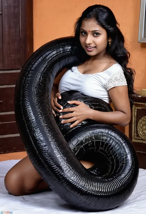 Pregnant Happy Horny, aroused 1girl), beautiful kneeling Indian  young teen girl with  giant colossal black titanboa squeezing her hard, wrapped in thick spiraling coils, constricted, struggle, gasping for air, snake attack, snake peril, moonless night, di...