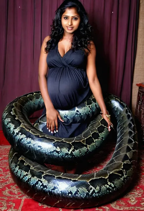 Pregnant Happy Horny, aroused 1girl), beautiful kneeling Indian  young teen girl with  giant colossal black titanboa squeezing her hard, wrapped in thick spiraling coils, constricted, struggle, gasping for air, snake attack, snake peril, moonless night, di...