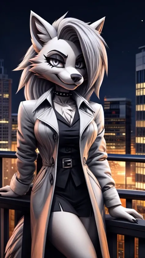 Loona from Helluva Boss, female wolf, anthro, fluffy cozy short white hair, grey eyes, mature adult, trench coat, casual clothing, smiling at viewer, city at night, at a balcony, detailed, solo, beautiful, high quality, 4K