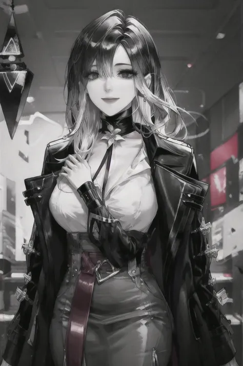 1girl, solo, long hair, smile, jacket, monochrome, greyscale, choker, head tilt, looking to the side, floating hair, looking down,huge breasts,(shiny skin:1.15),(mature female:1.2),shalom, Earrings 